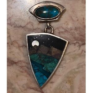 MARK JIMENEZ Apache Sterling Silver Mosaic Land Pendant Necklace Native American